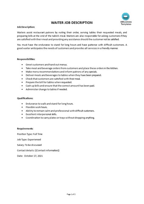 outlet waiter|Head Waiter/head Waitress Job Description, Duties, Skills  .